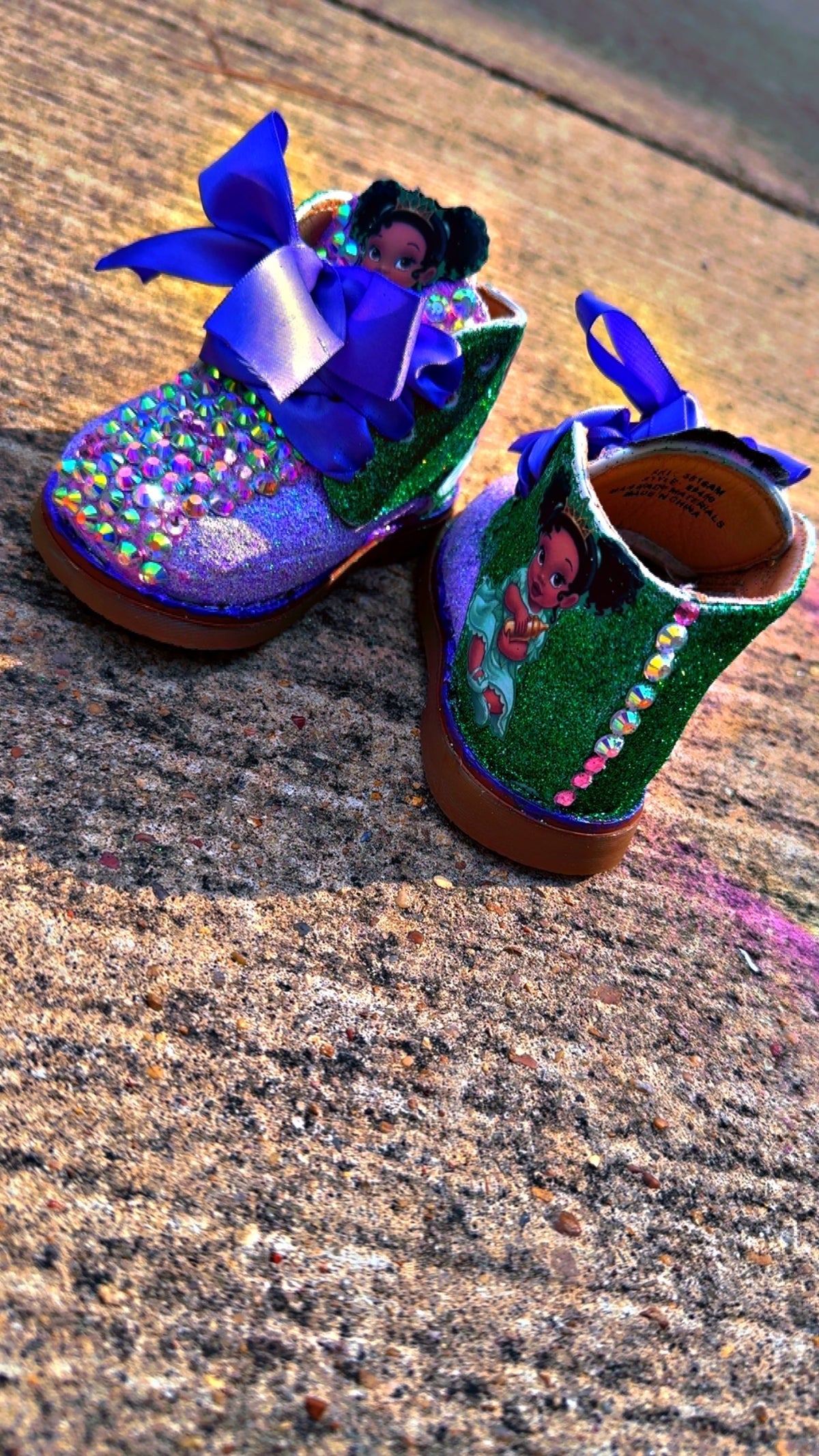 Custom Princess Tiana Baby Shoes – Purple Glitter, Rhinestones & Bows