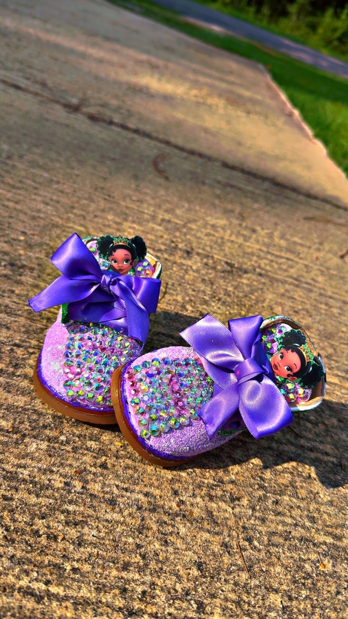 Custom Princess Tiana Baby Shoes – Purple Glitter, Rhinestones & Bows