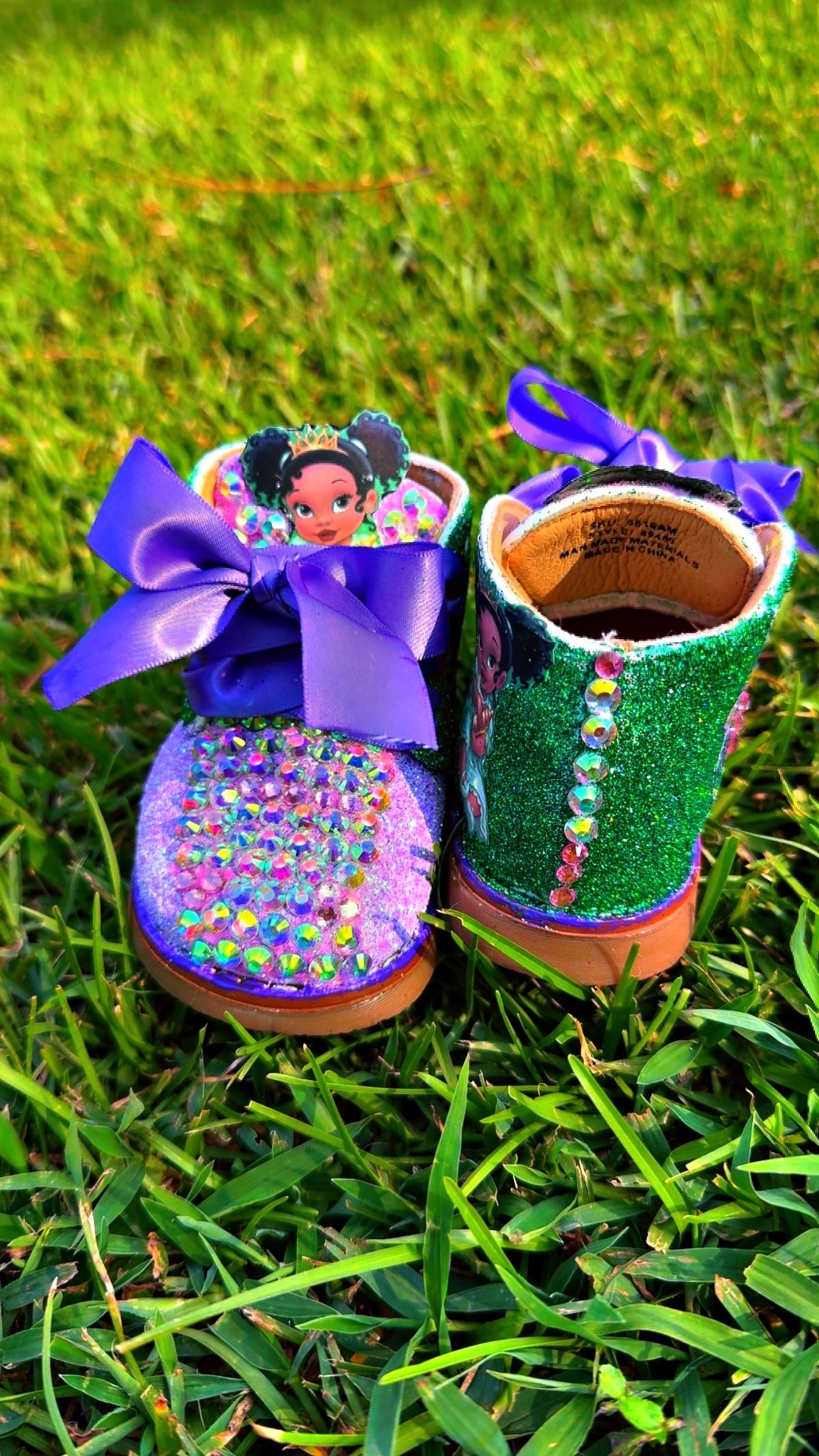 Custom Princess Tiana Baby Shoes – Purple Glitter, Rhinestones & Bows