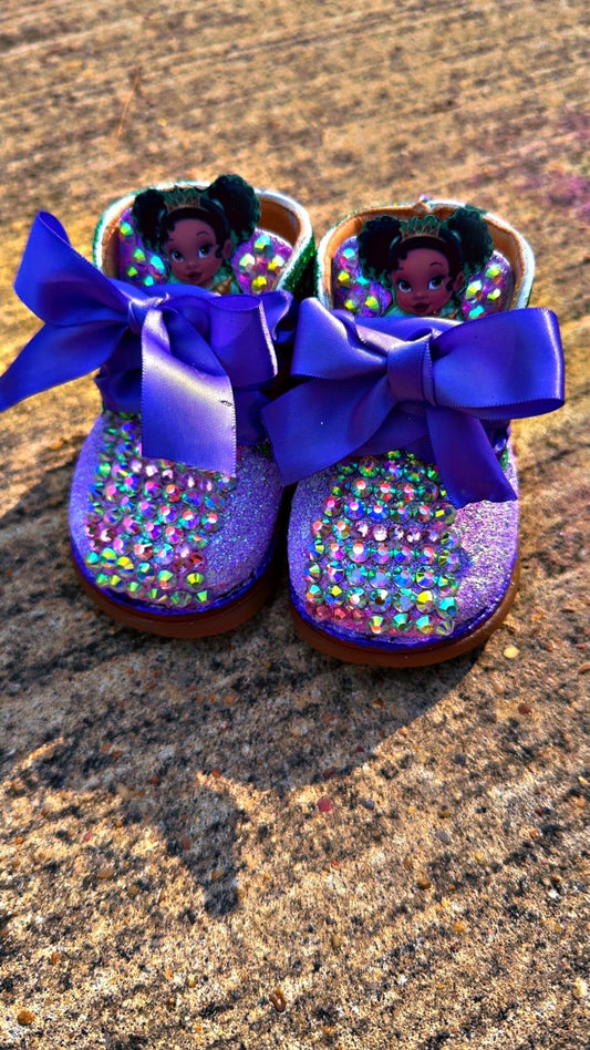 Custom Princess Tiana Baby Shoes – Purple Glitter, Rhinestones & Bows