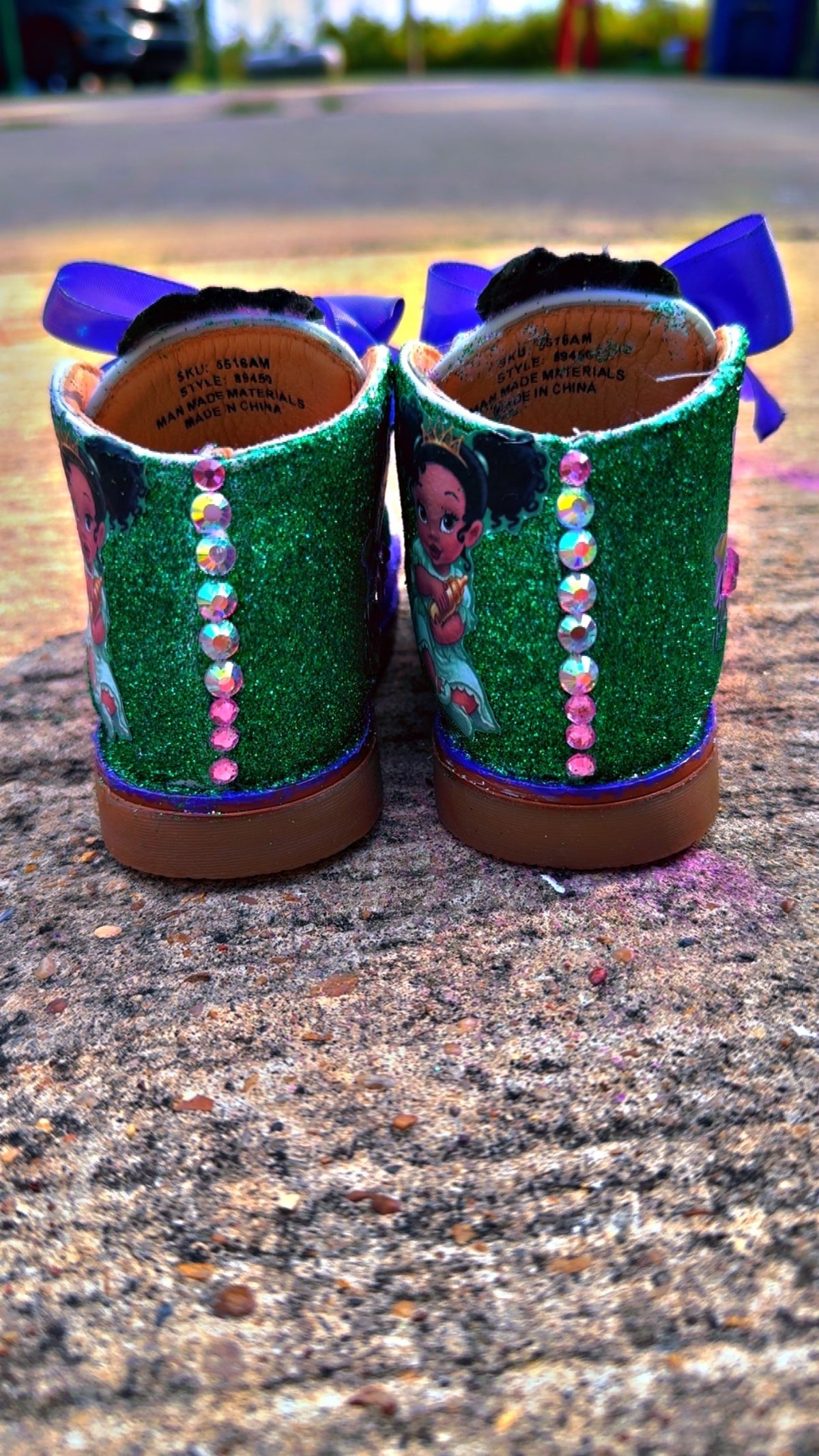 Custom Princess Tiana Baby Shoes – Purple Glitter, Rhinestones & Bows