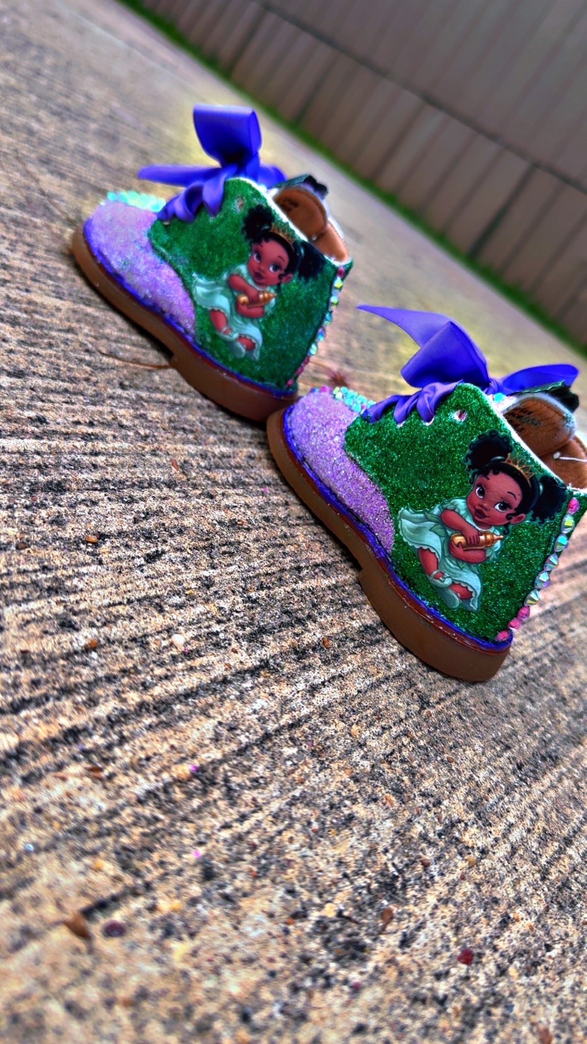 Custom Princess Tiana Baby Shoes – Purple Glitter, Rhinestones & Bows