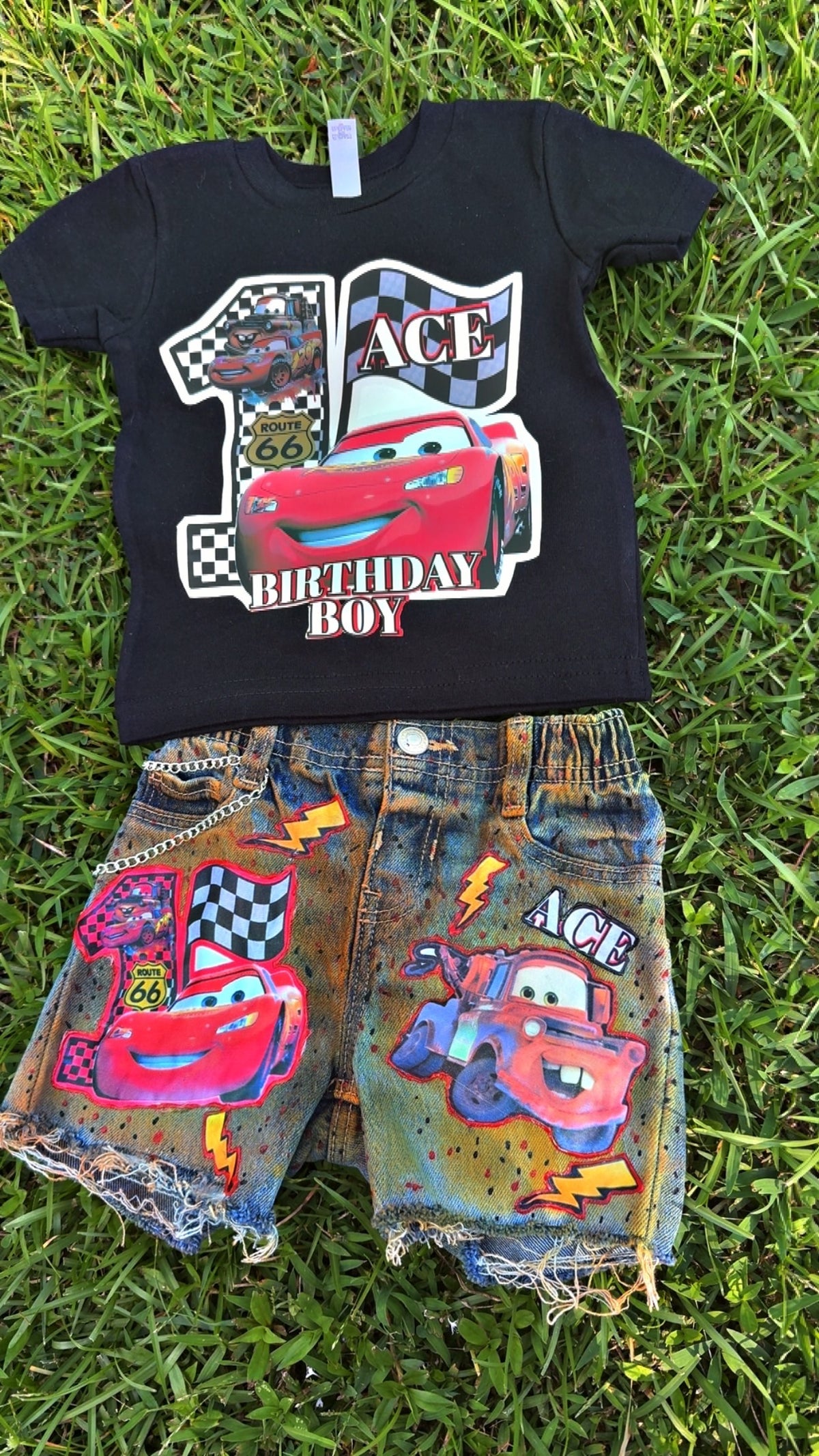 Cars Custom Boys’ Birthday Outfit – Personalized Shirt & Denim Shorts with Chain
